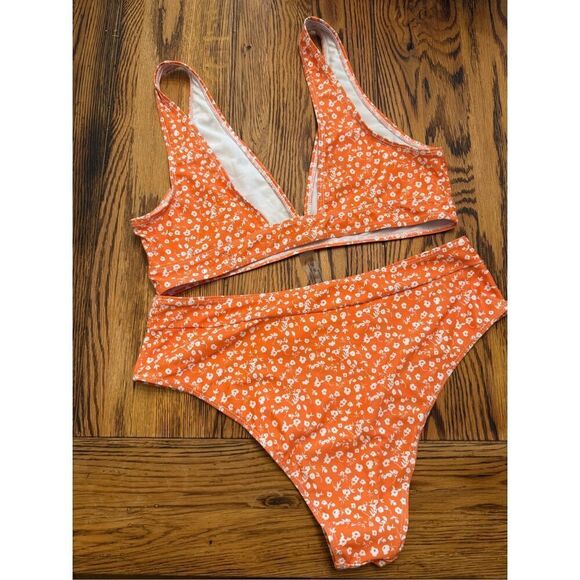 Ditsy floral high waist orange bikini set size Large - Picture 2 of 4